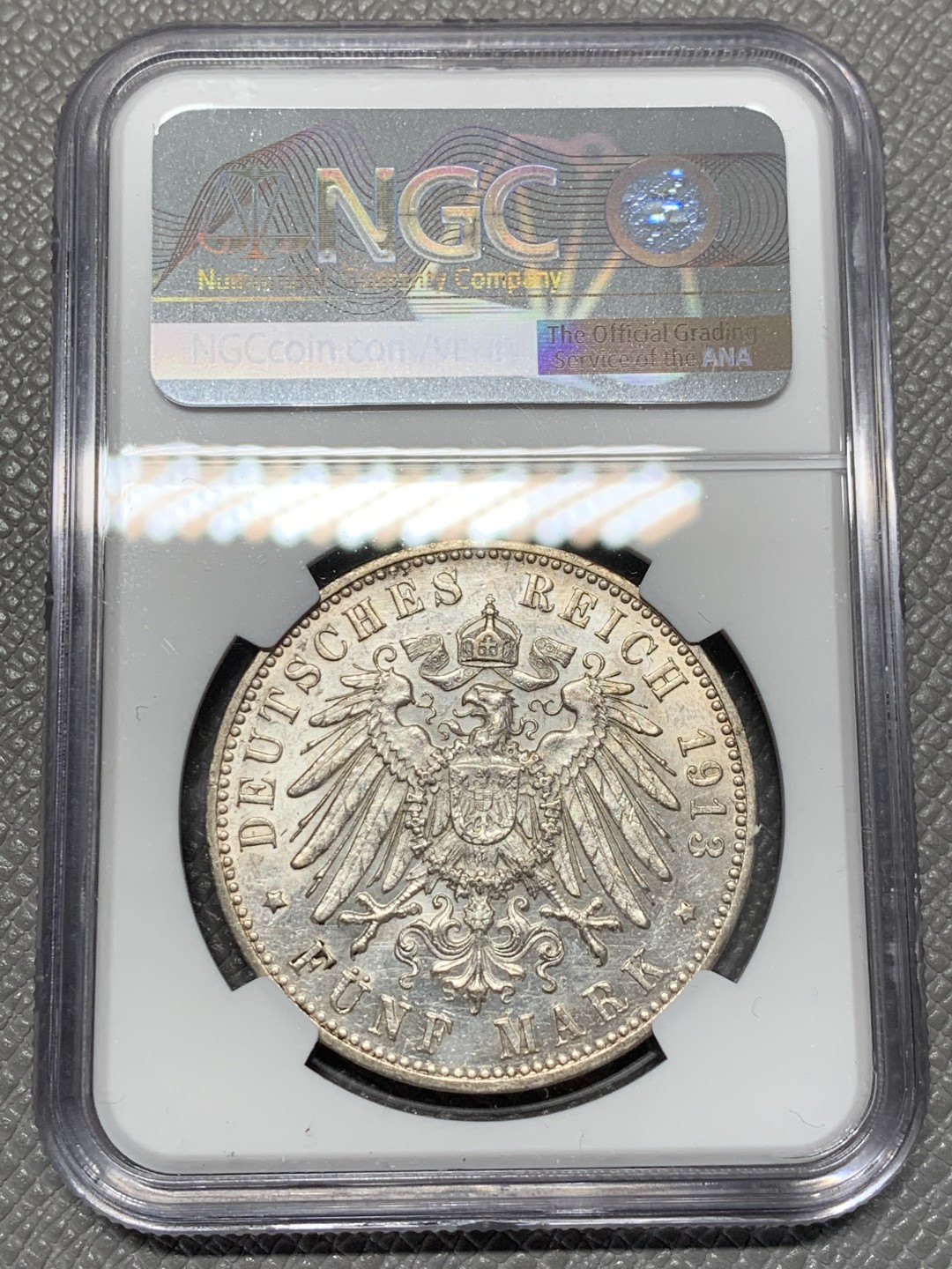 《竞宝斋》第118场-周日，周一 ，2场连拍（全场包邮） NGC UNC 德国 1913年 符腾堡 大胡子 5马克 大银币 淡彩包浆 光度好