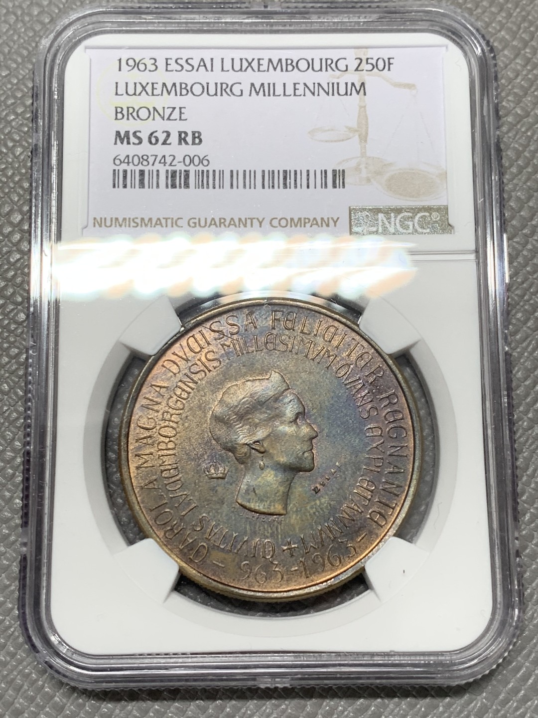 《竞宝斋》第118场-周日，周一 ，2场连拍（全场包邮） NGC MS62 卢森堡 1963年 卢森堡建城1000年 250法郎 铜样币 发行量200枚 稀少