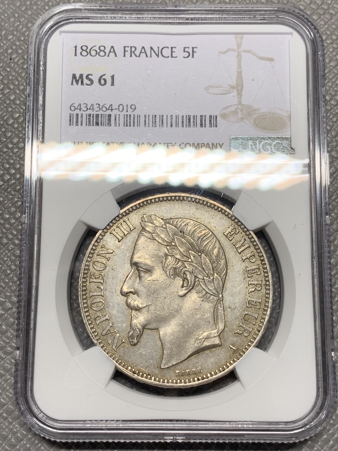《竞宝斋》第118场-周日，周一 ，2场连拍（全场包邮） NGC-MS61 法国1868年拿破仑三世5法郎大银币 法系最美大纹章