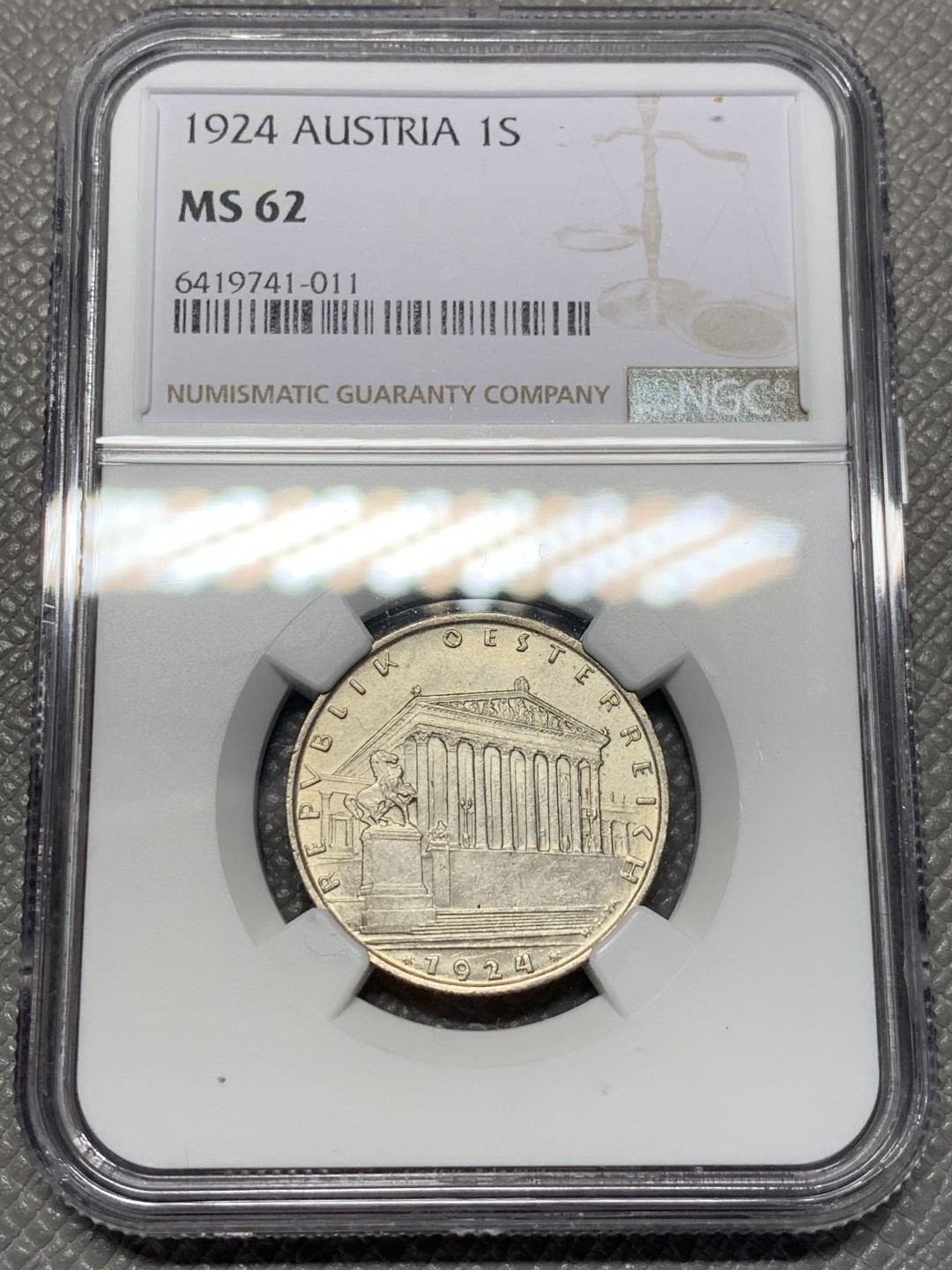 《竞宝斋》第118场-周日，周一 ，2场连拍（全场包邮） NGC MS62 奥地利1924年议会大厦1先令银币