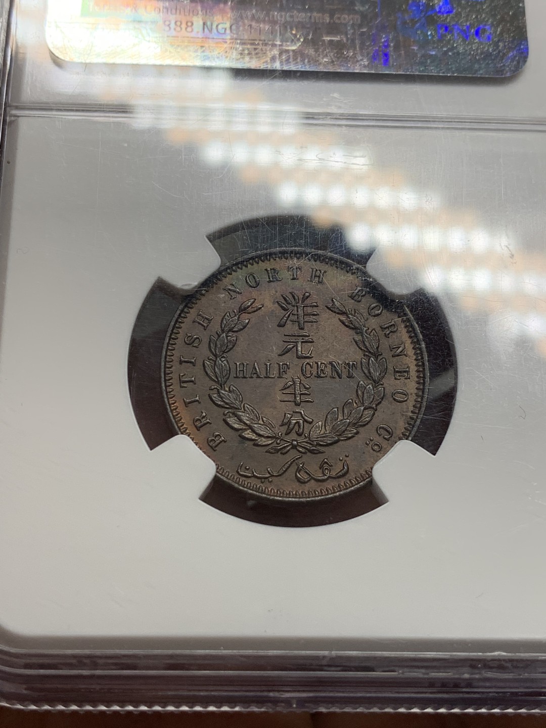 《竞宝斋》第118场-周日，周一 ，2场连拍（全场包邮） NGC-MS63BN 老标 婆罗洲 1891年 洋元半分 狮子五官清晰 漂亮原光铜币！稀缺品种