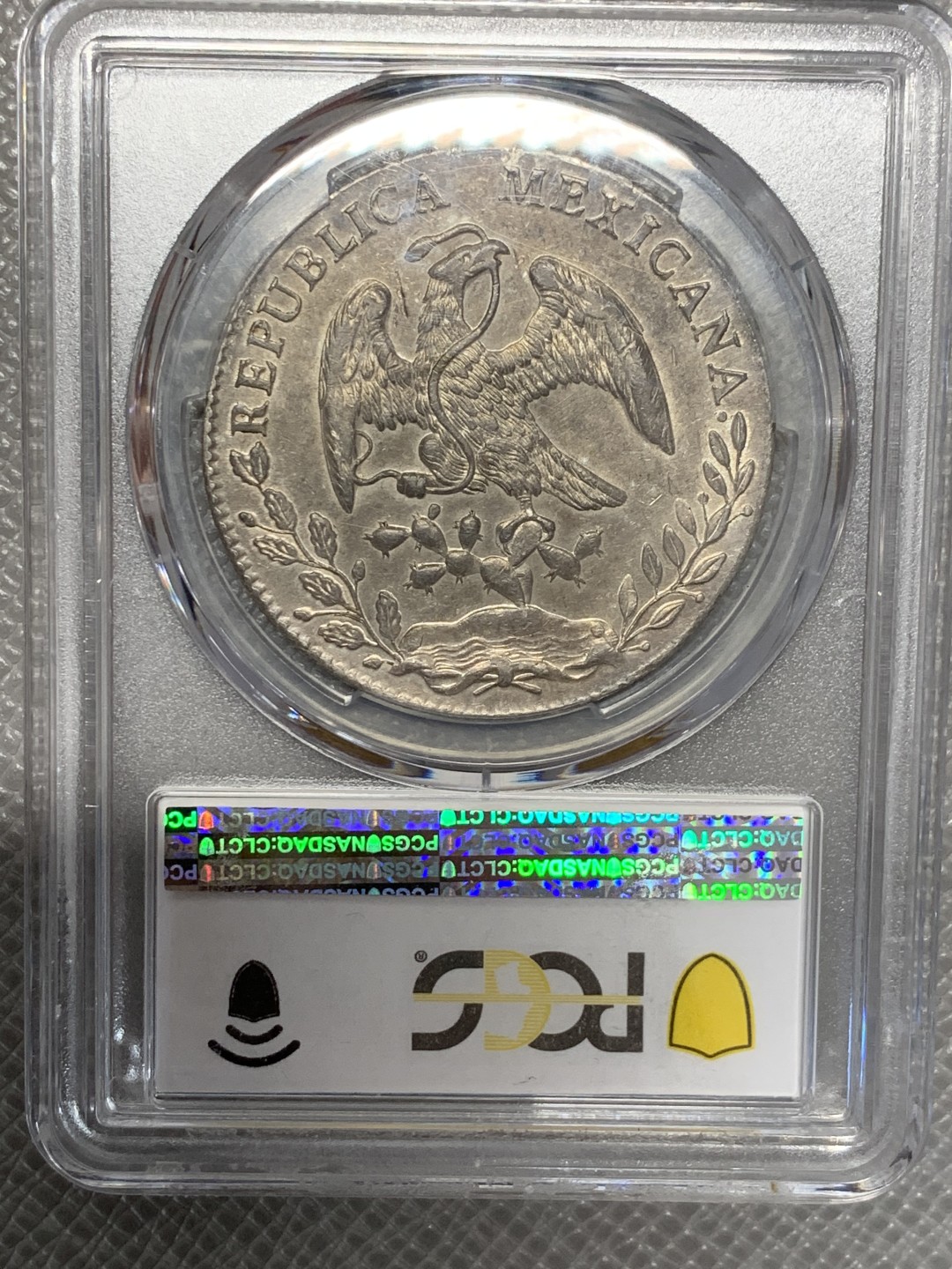 《竞宝斋》第118场-周日，周一 ，2场连拍（全场包邮） PCGS AU58 墨西哥 1896年 GO RS 花边 鹰洋 银币 全羽深包浆 转光好