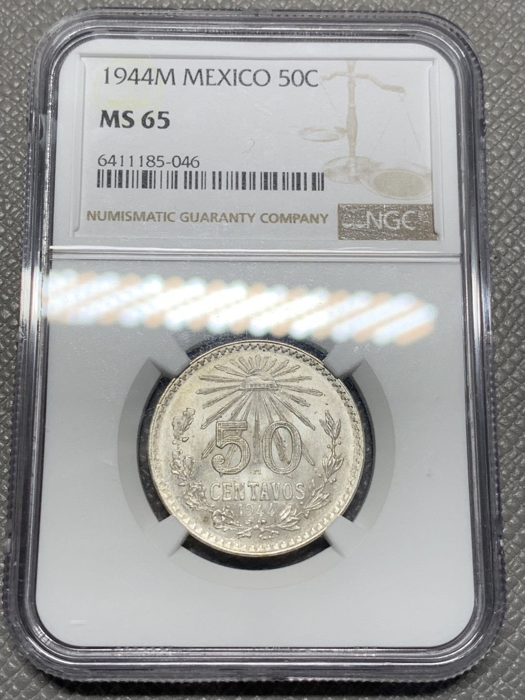 《竞宝斋》第118场-周日，周一 ，2场连拍（全场包邮） NGC MS65 1944M 墨西哥  50分银币 底板超白 真心晃眼