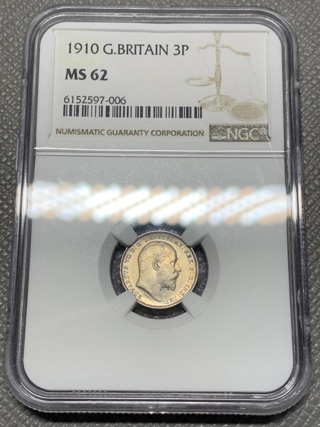 《竞宝斋》第118场-周日，周一 ，2场连拍（全场包邮） NGC MS62 英国 1910年 爱德华七世 3便士银币