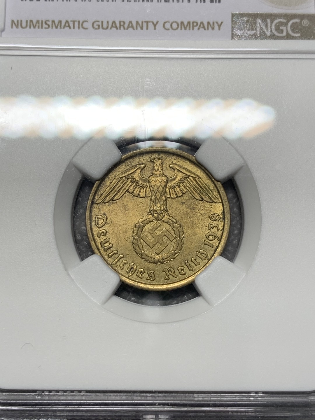 《竞宝斋》第118场-周日，周一 ，2场连拍（全场包邮） NGC-MS63 德国 1938年 10芬尼 bu原光 10芬尼好品少见