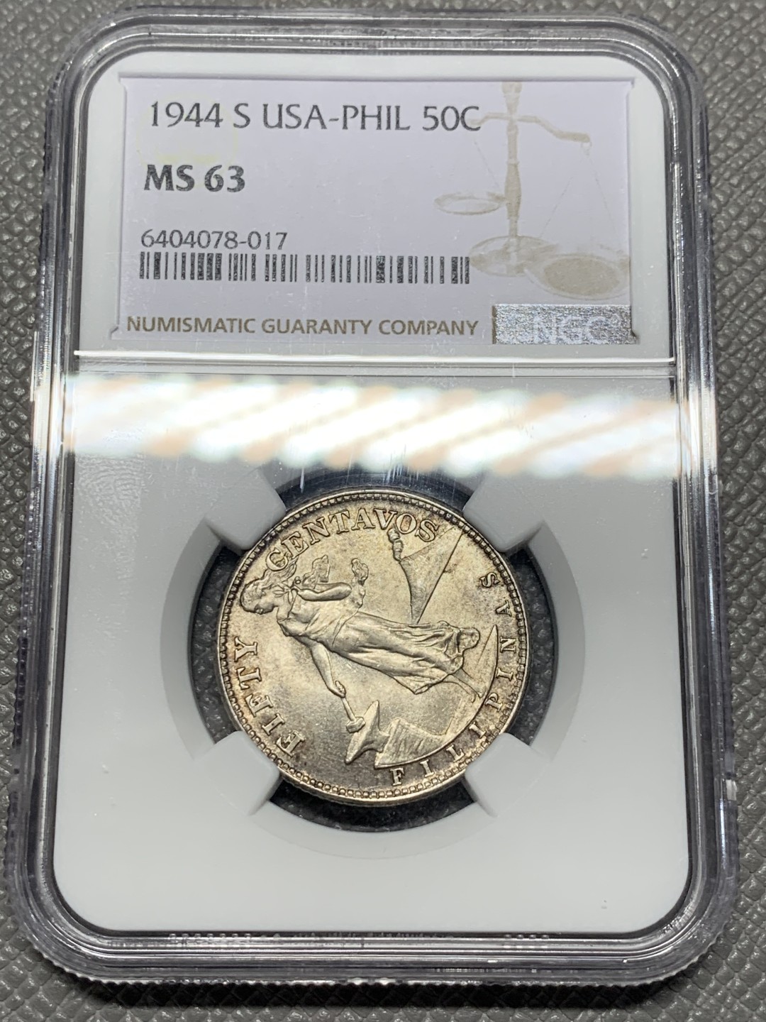 《竞宝斋》第118场-周日，周一 ，2场连拍（全场包邮） NGC-MS63 菲律宾 1944年 打铁女人 50分 银币