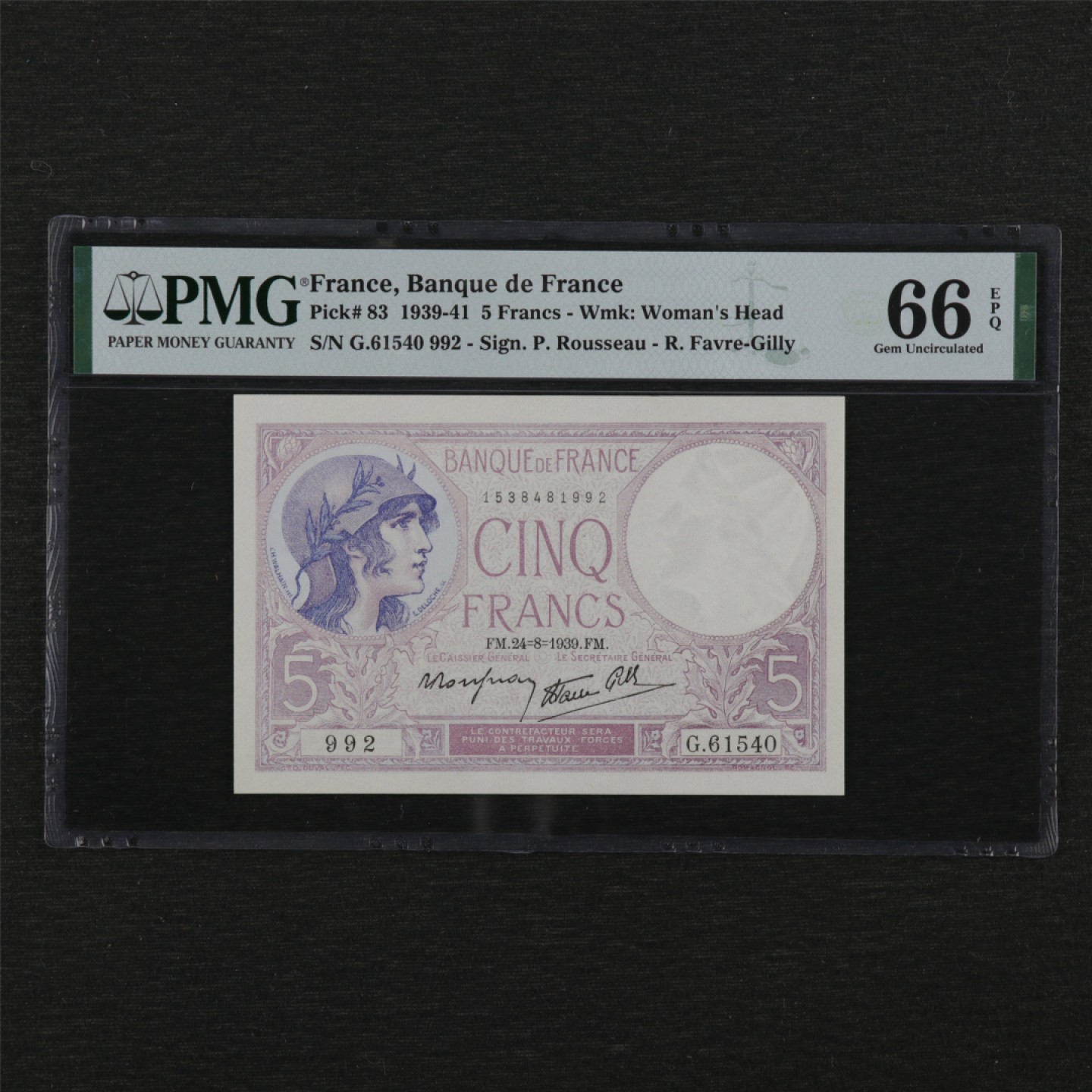 【亘邦集藏】第142期拍卖 1939-41年 法国5法郎 PMG 66EPQ 61540 992