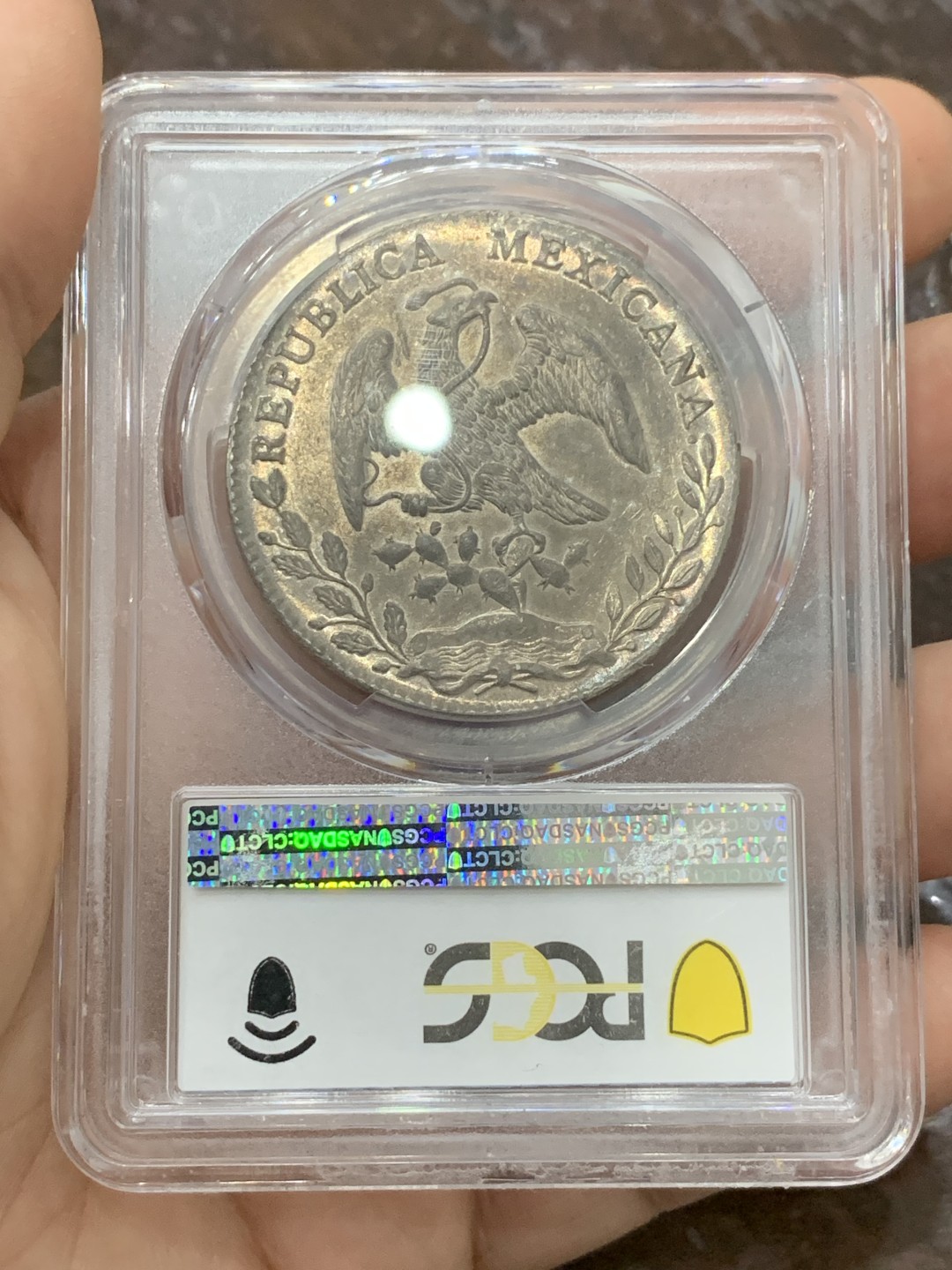 《竞宝斋》第118场-周日，周一 ，2场连拍（全场包邮） PCGS AU58 墨西哥 1896年 GO RS 花边 鹰洋 银币 全羽深包浆 转光好