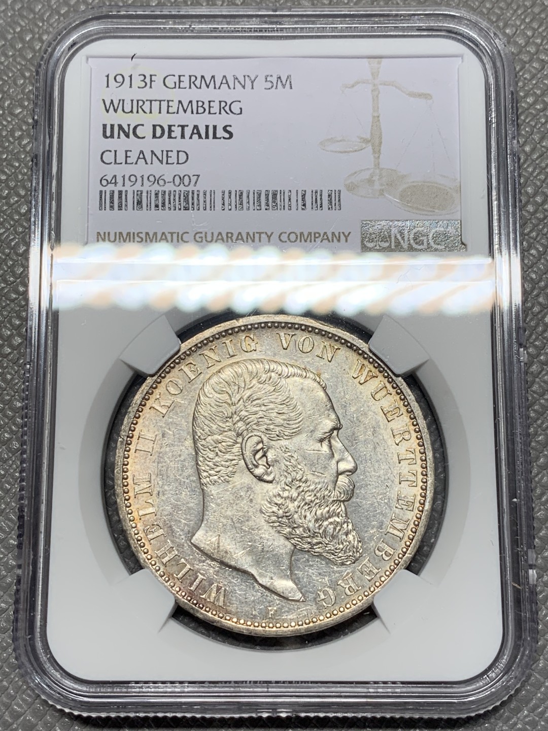 《竞宝斋》第118场-周日，周一 ，2场连拍（全场包邮） NGC UNC 德国 1913年 符腾堡 大胡子 5马克 大银币 淡彩包浆 光度好