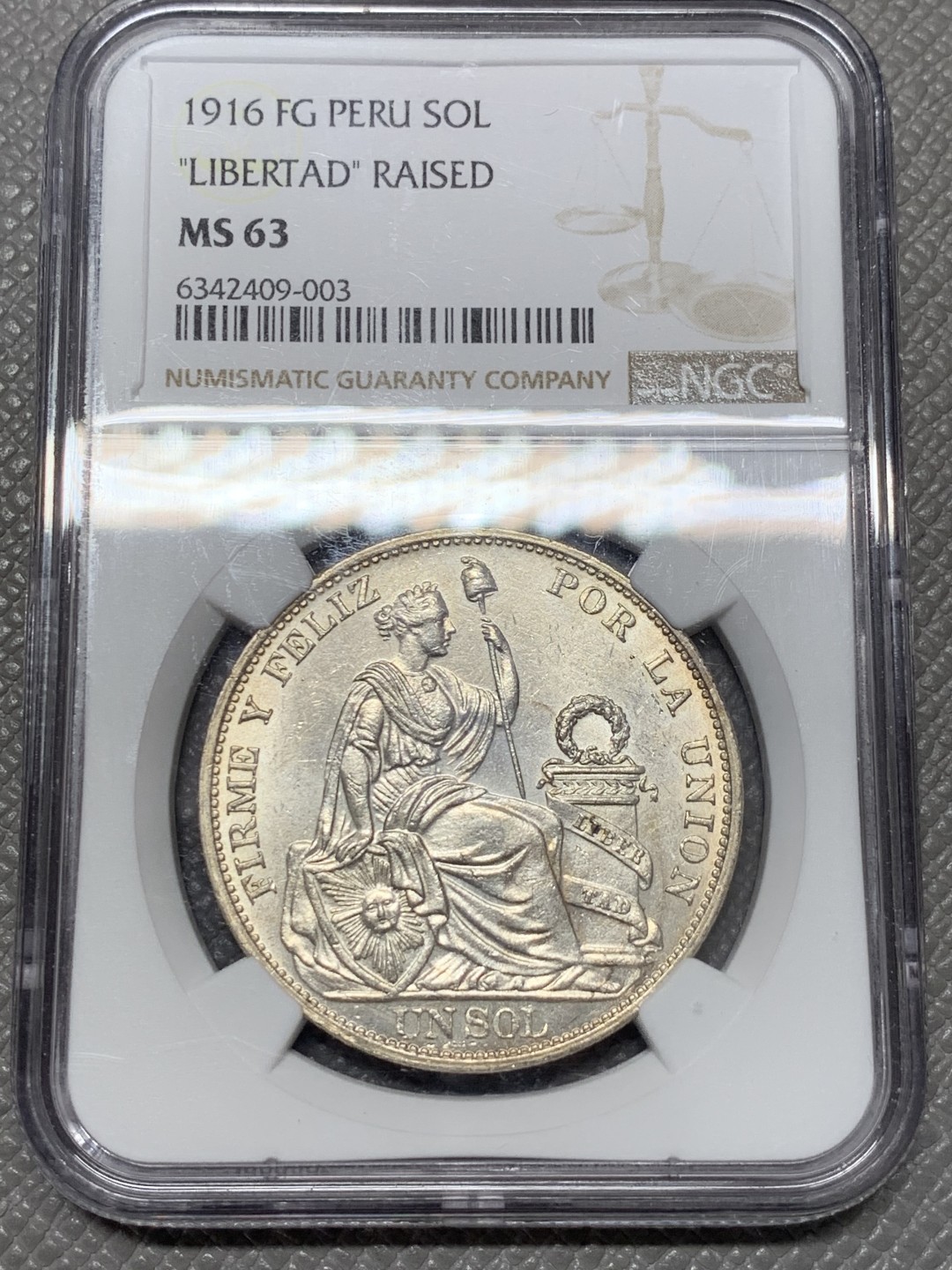 《竞宝斋》第118场-周日，周一 ，2场连拍（全场包邮） NGC MS63 秘鲁1916年女神1SOL银币 高银版最后一年LIBERTAD凸版