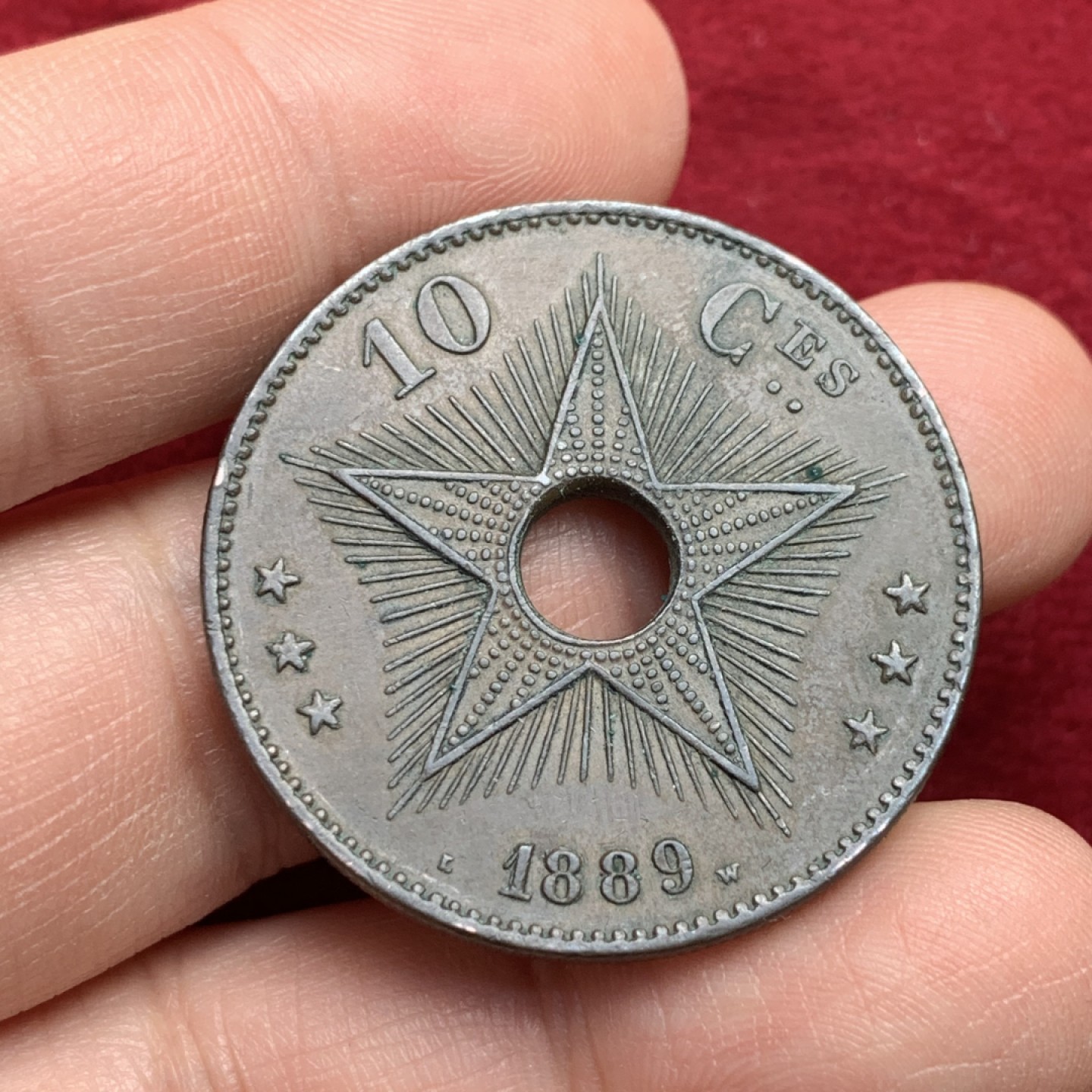 《竞宝斋》第118场-周日，周一 ，2场连拍（全场包邮） 比属刚果 1889年 10分 老包浆 大铜币