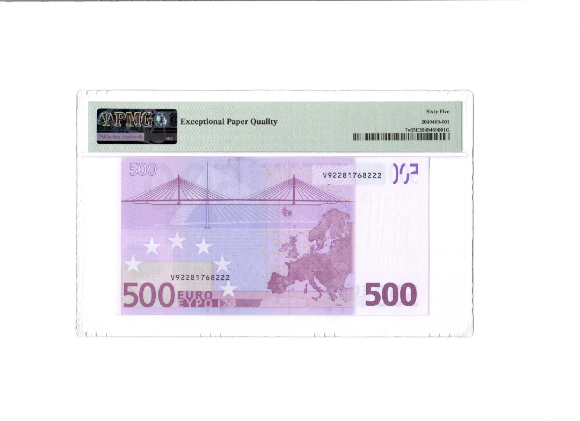 收藏联盟Quantum Auction 第211期拍卖  欧盟国家西班牙2002年500元 PMG65 稀少第一签 豹子号 号码不带4