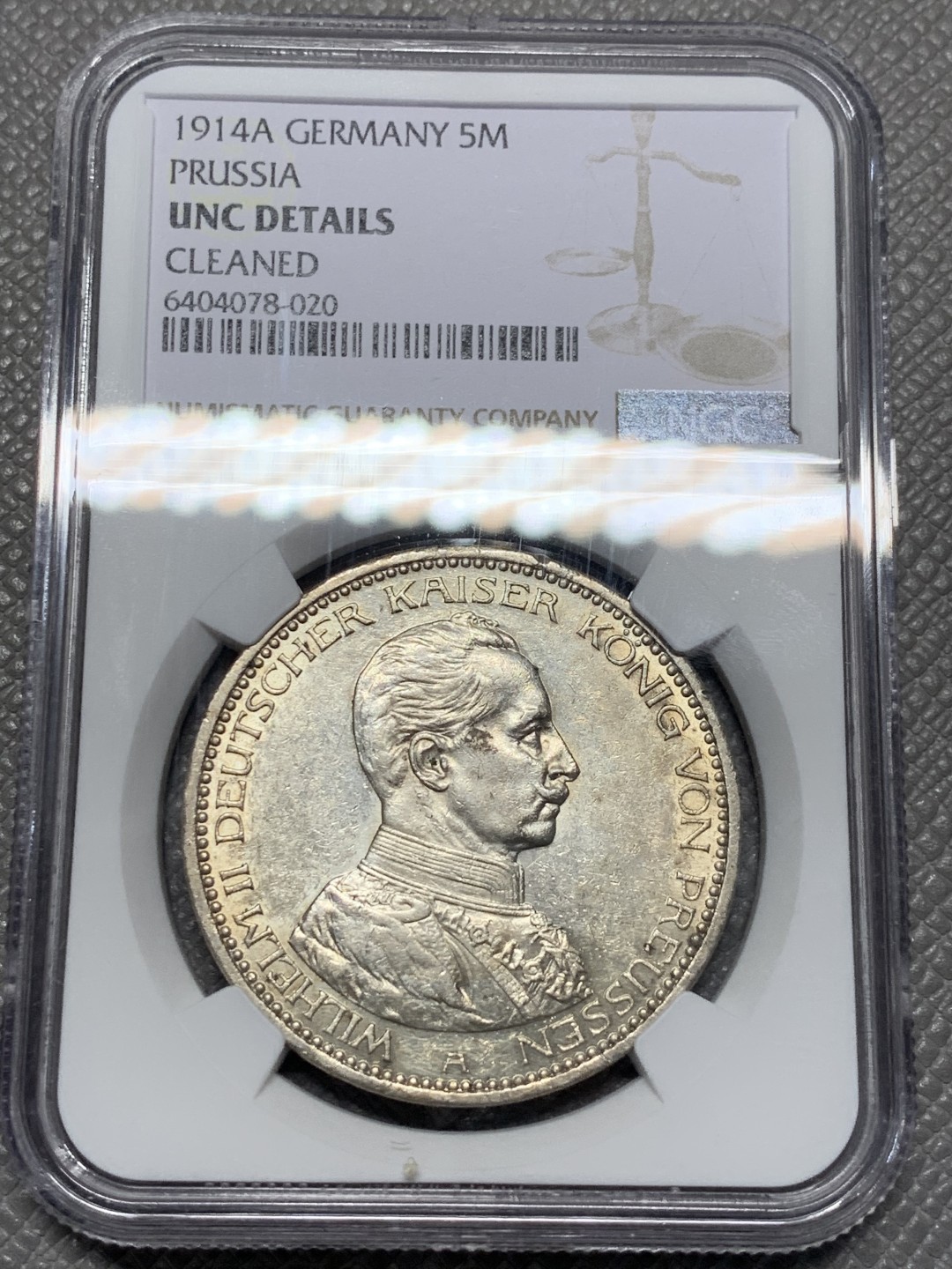 《竞宝斋》第118场-周日，周一 ，2场连拍（全场包邮） NGC UNC 德国 1914年 普鲁士 戎装5马克 大银币