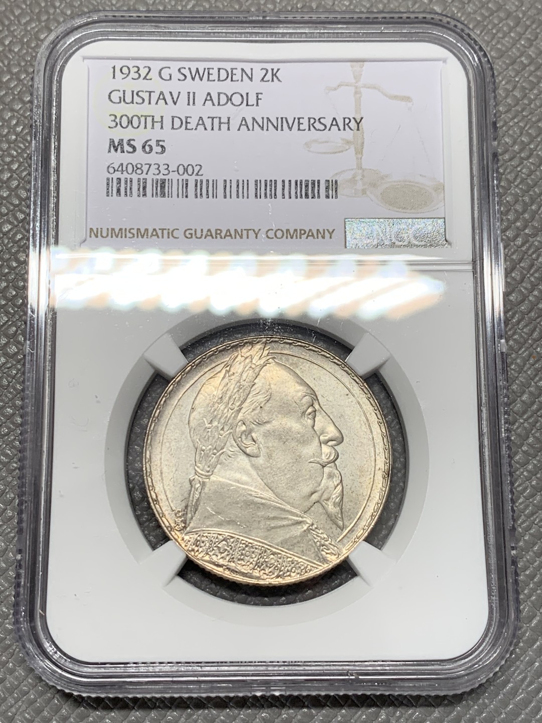 《竞宝斋》第118场-周日，周一 ，2场连拍（全场包邮） NGC-MS65 瑞典1932年 古斯塔夫二世 2克朗银币。65分高分。一步到位