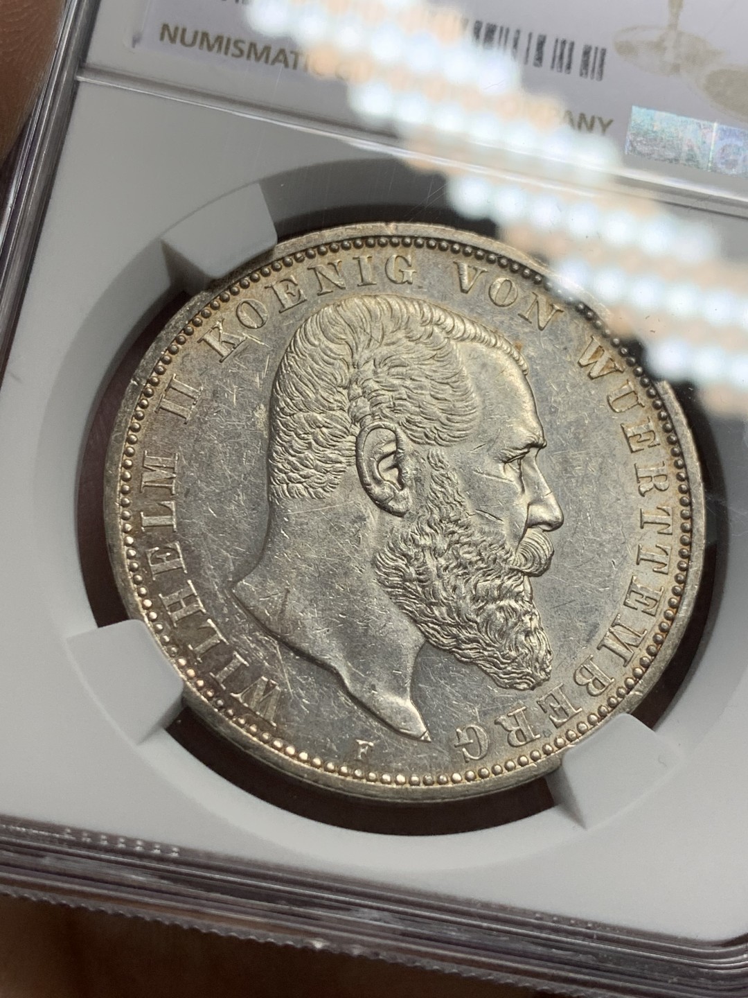 《竞宝斋》第118场-周日，周一 ，2场连拍（全场包邮） NGC UNC 德国 1913年 符腾堡 大胡子 5马克 大银币 淡彩包浆 光度好