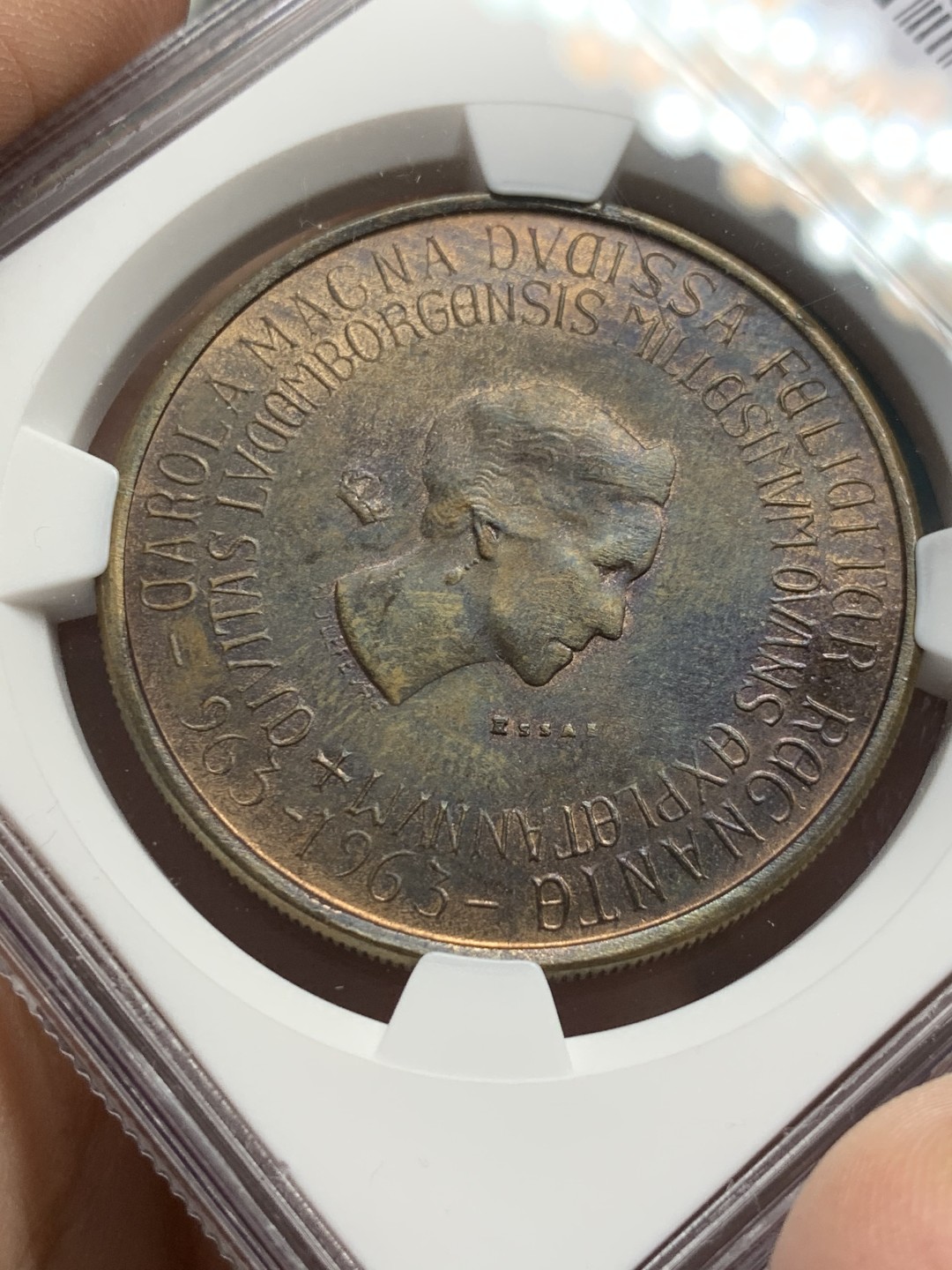 《竞宝斋》第118场-周日，周一 ，2场连拍（全场包邮） NGC MS62 卢森堡 1963年 卢森堡建城1000年 250法郎 铜样币 发行量200枚 稀少