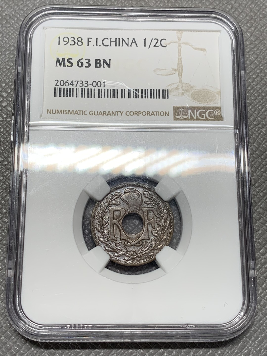 《竞宝斋》第118场-周日，周一 ，2场连拍（全场包邮） NGC MS63BN 法属印度支那1938年 1/2分铜币
