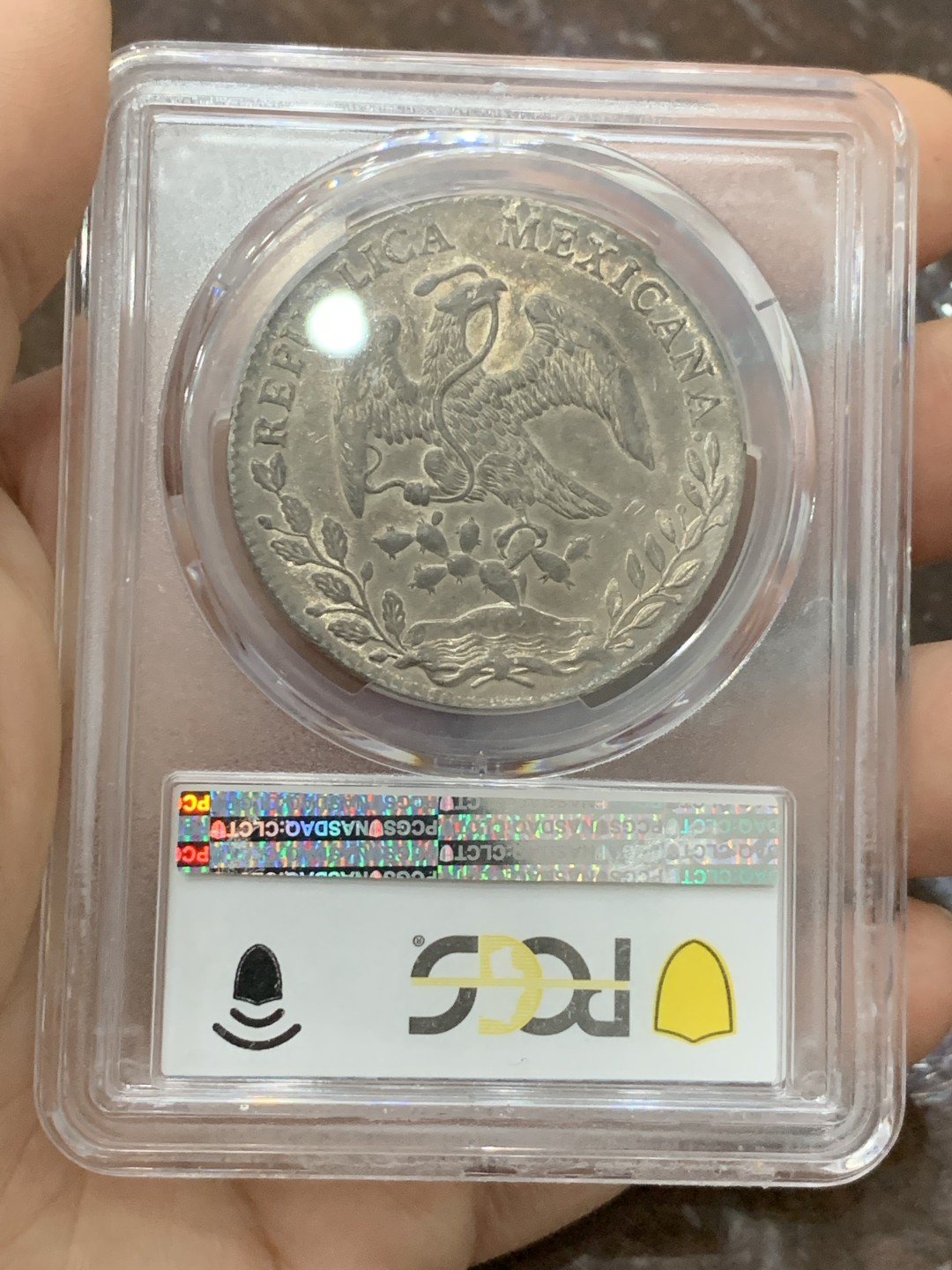 《竞宝斋》第118场-周日，周一 ，2场连拍（全场包邮） PCGS AU58 墨西哥 1896年 GO RS 花边 鹰洋 银币 全羽深包浆 转光好