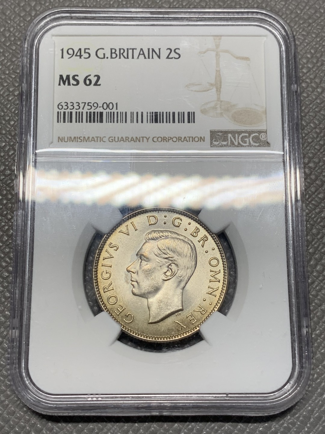 《竞宝斋》第118场-周日，周一 ，2场连拍（全场包邮） NGC MS62 英国 1945年 乔治六世 2先令 =1福林 银币 状态非常好