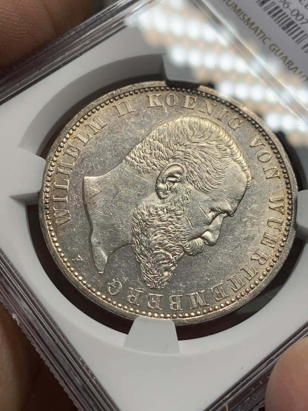 《竞宝斋》第118场-周日，周一 ，2场连拍（全场包邮） NGC UNC 德国 1913年 符腾堡 大胡子 5马克 大银币 淡彩包浆 光度好