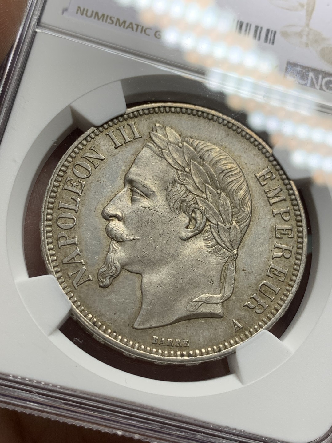 《竞宝斋》第118场-周日，周一 ，2场连拍（全场包邮） NGC-MS61 法国1868年拿破仑三世5法郎大银币 法系最美大纹章