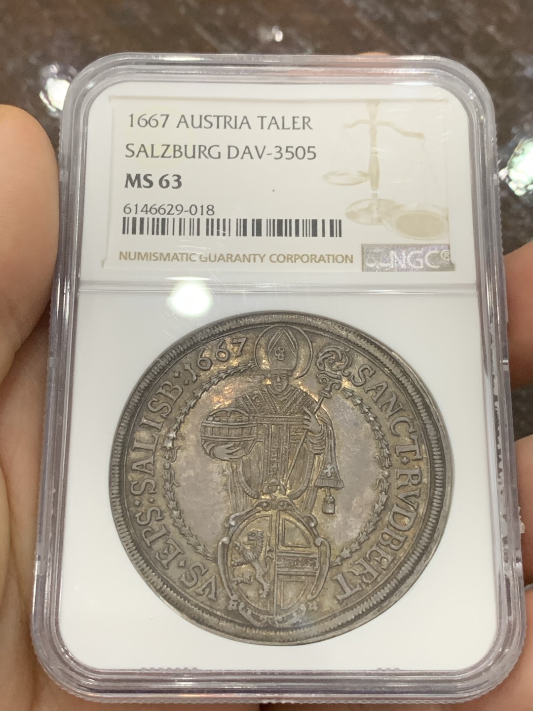 《竞宝斋》第118场-周日，周一 ，2场连拍（全场包邮） NGC MS63 唯一冠军分 奥地利 萨尔茨堡 1667年 泰勒 大银币 正反深打 底板光亮 深彩包浆 加分元素齐全 难得