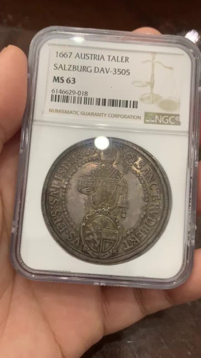 《竞宝斋》第118场-周日，周一 ，2场连拍（全场包邮） NGC MS63 唯一冠军分 奥地利 萨尔茨堡 1667年 泰勒 大银币 正反深打 底板光亮 深彩包浆 加分元素齐全 难得
