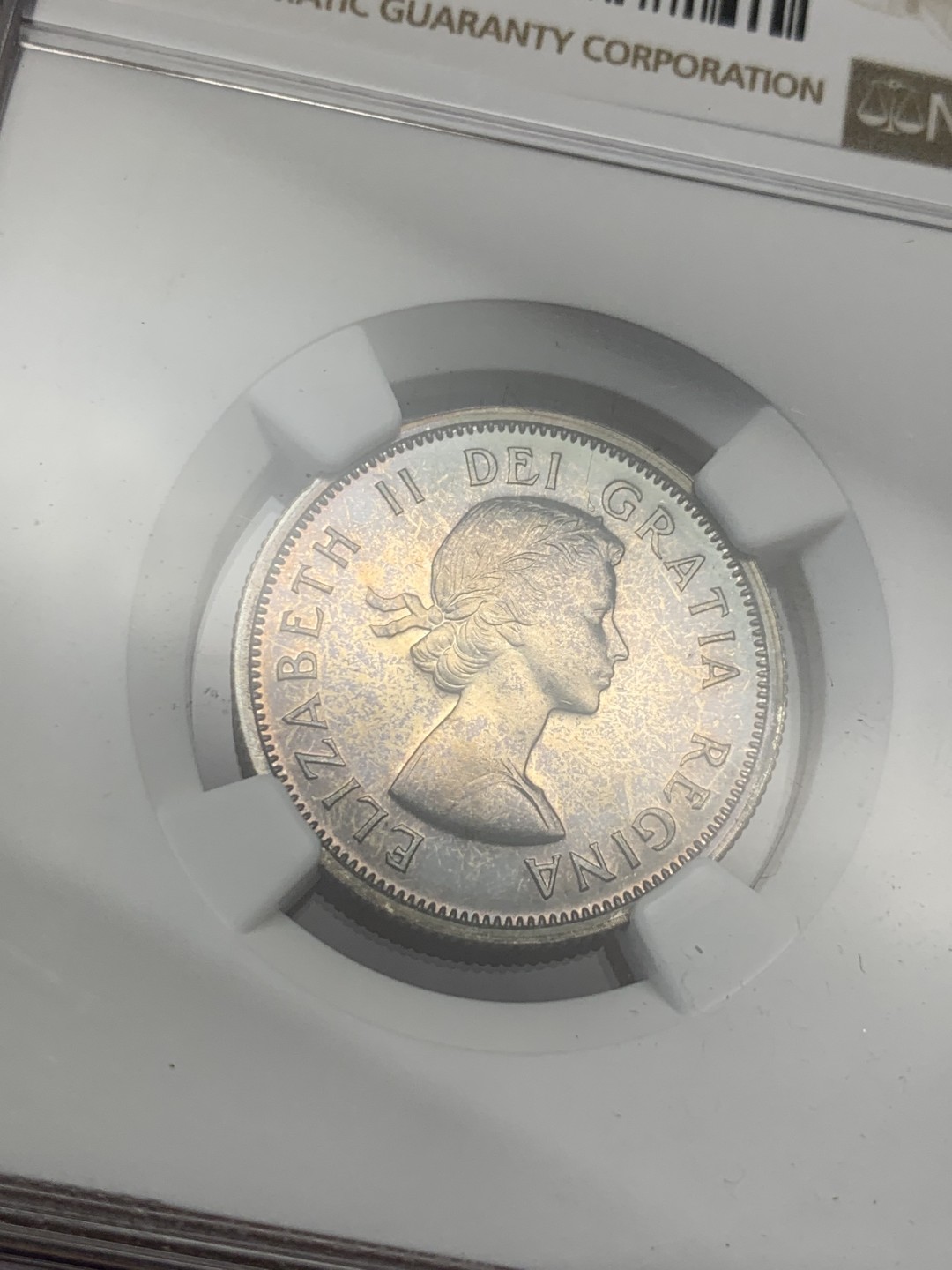 《竞宝斋》第118场-周日，周一 ，2场连拍（全场包邮） NGC-PL62 1955伊丽莎白早期加拿大五彩类精制银币25分，鹿头十分漂亮