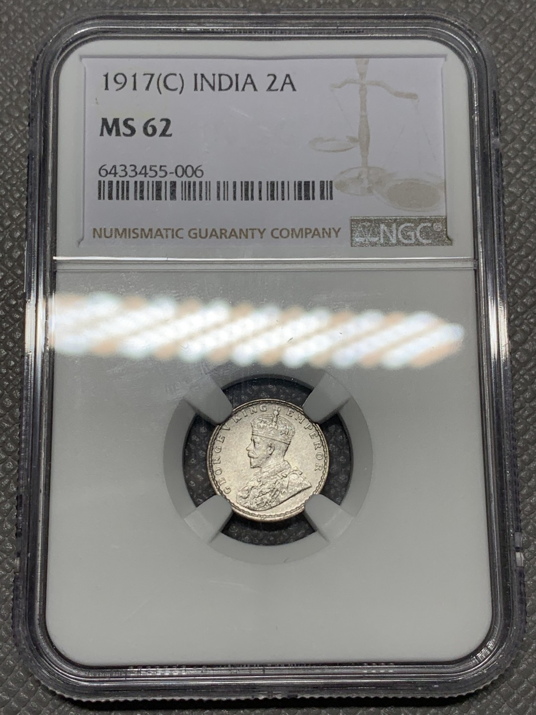 《竞宝斋》第118场-周日，周一 ，2场连拍（全场包邮） NGC-MS62 印度 1917年 乔治五世 2安娜银币 卷拆原光 辅币好品少见 凑套必备