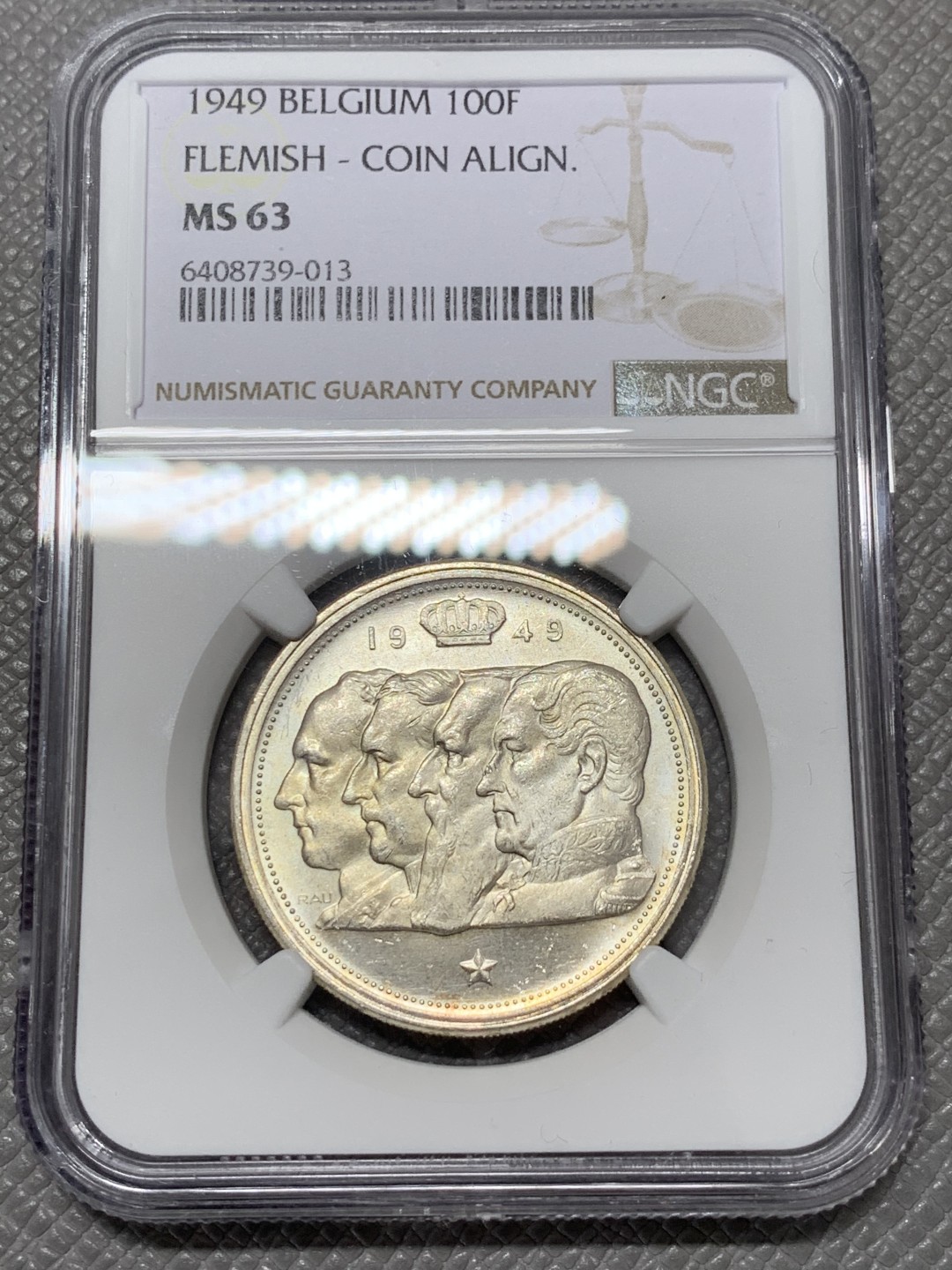 《竞宝斋》第118场-周日，周一 ，2场连拍（全场包邮） NGC MS63 比利时1949年 四皇 100法郎大银币 好品