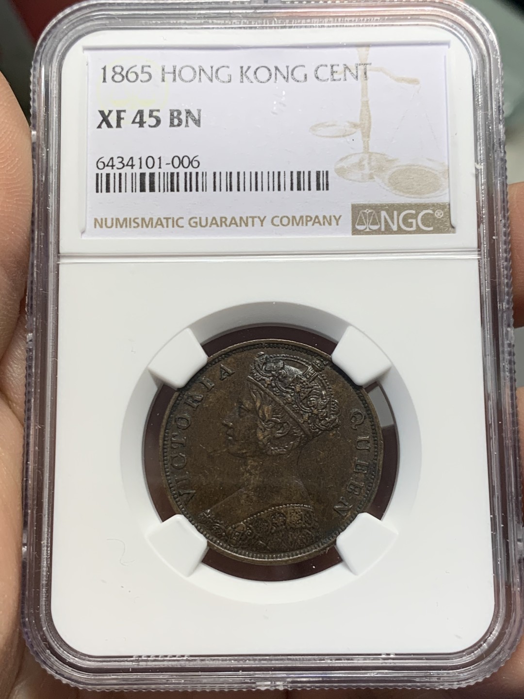 《竞宝斋》第118场-周日，周一 ，2场连拍（全场包邮） NGC XF45BN 香港 维多利亚 早期 一仙 大铜币 哥特体人像 细节不错