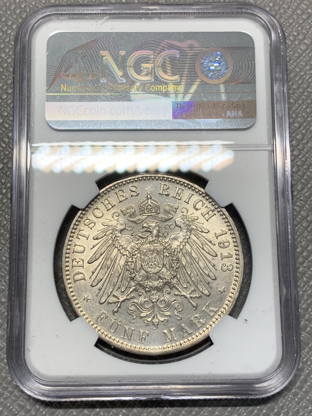 《竞宝斋》第118场-周日，周一 ，2场连拍（全场包邮） NGC AUD 德国 1913年 巴伐利亚 奥托 5马克 大银币 低评