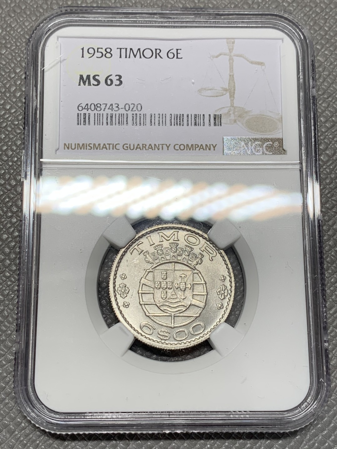 《竞宝斋》第118场-周日，周一 ，2场连拍（全场包邮） NGC MS63 葡属东帝汶 1958年 6E 银币