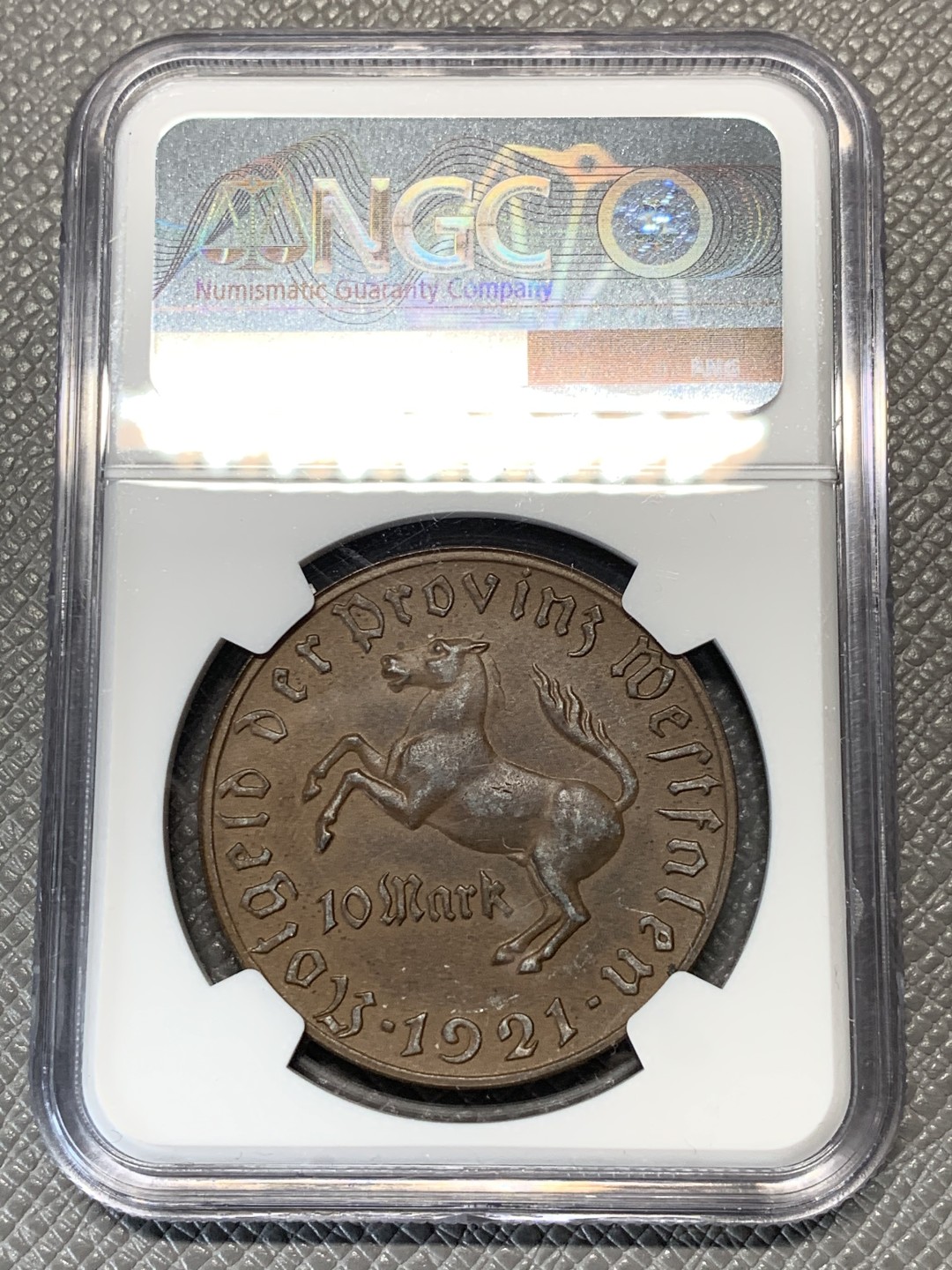 《竞宝斋》第118场-周日，周一 ，2场连拍（全场包邮） NGC-AU58 德国威斯特伐利亚1921年10马克马币，好品很少的面值