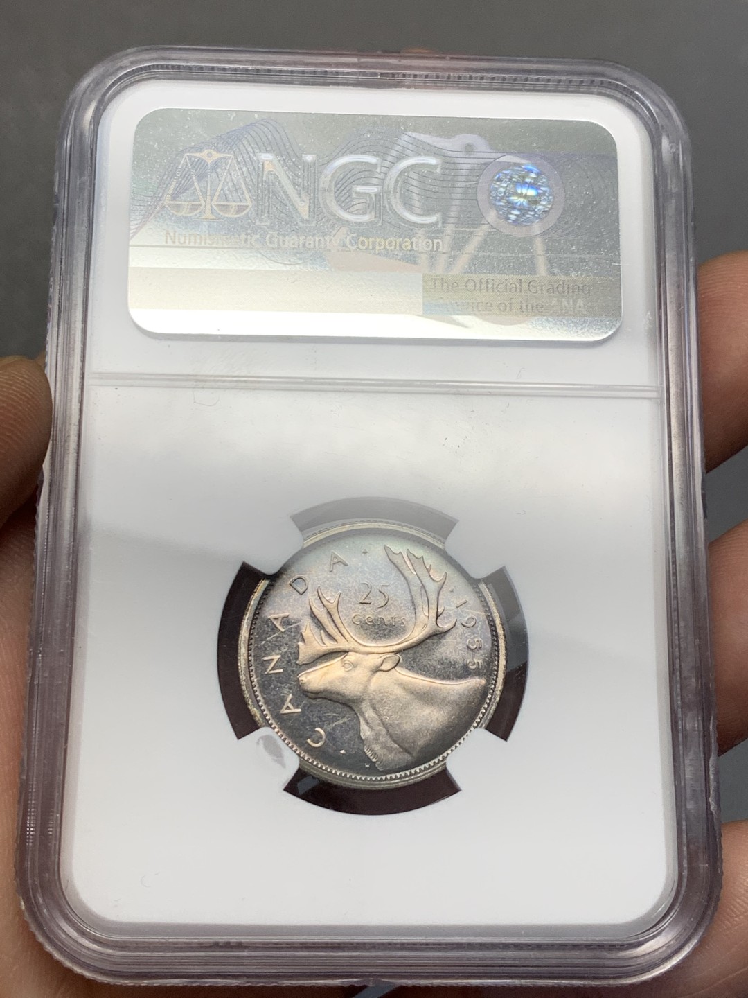 《竞宝斋》第118场-周日，周一 ，2场连拍（全场包邮） NGC-PL62 1955伊丽莎白早期加拿大五彩类精制银币25分，鹿头十分漂亮
