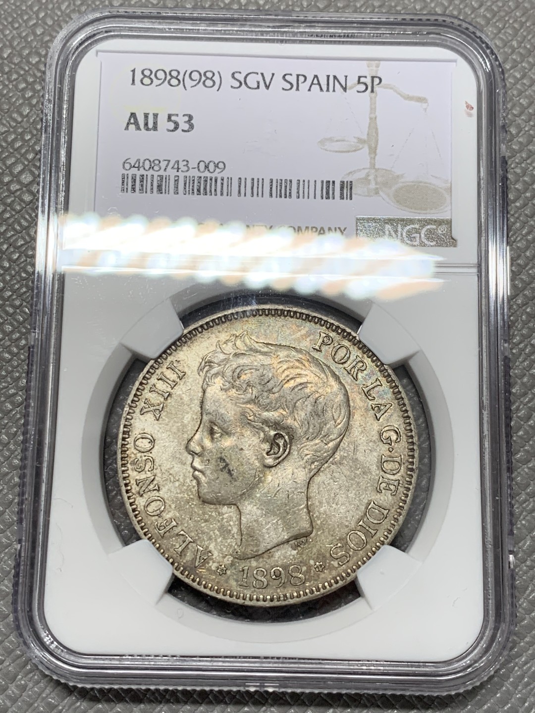 《竞宝斋》第118场-周日，周一 ，2场连拍（全场包邮） NGC AU53 西班牙 1898年 阿方索十三世 小孩头 5比塞塔银币