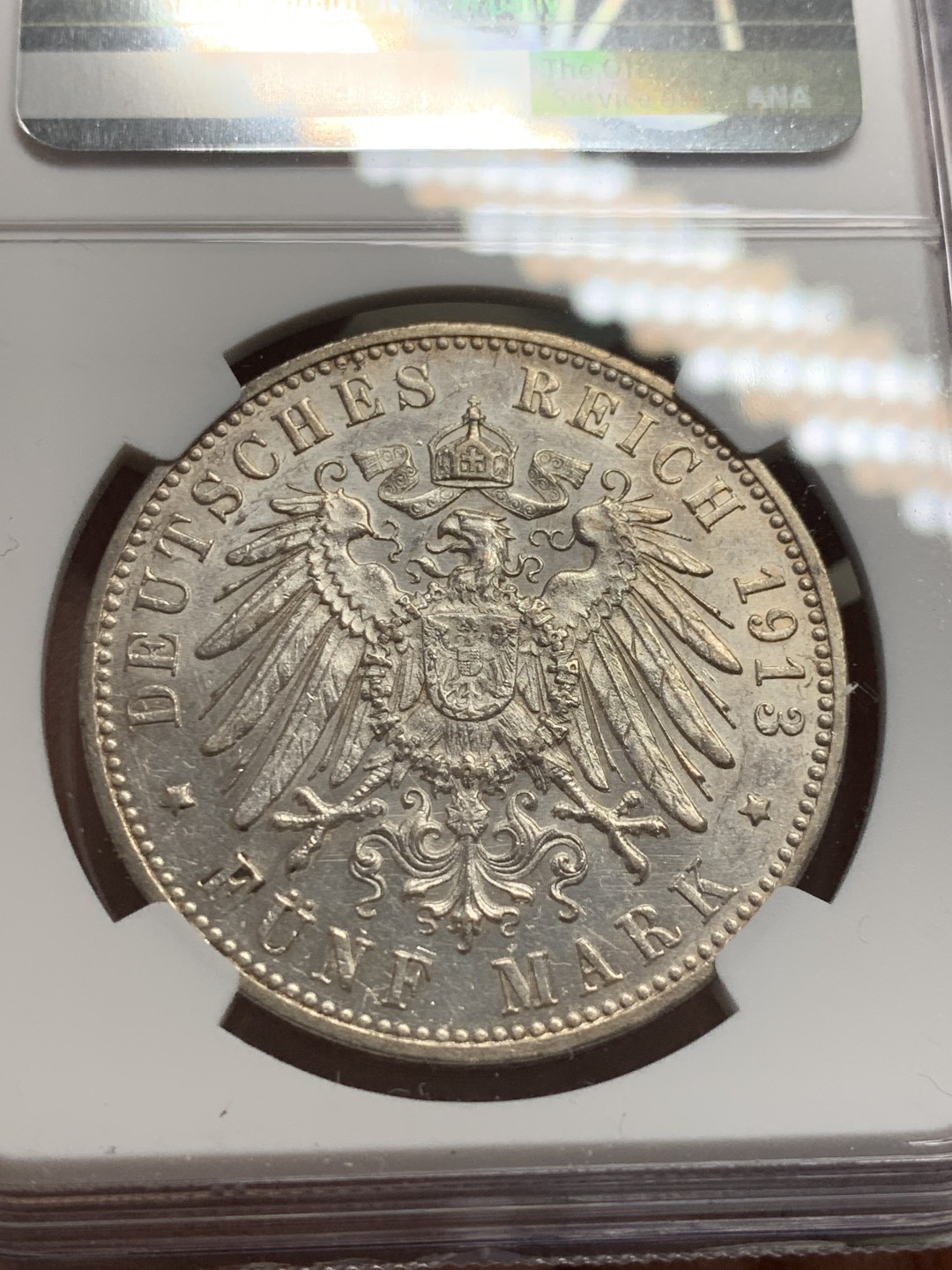 《竞宝斋》第118场-周日，周一 ，2场连拍（全场包邮） NGC UNC 德国 1913年 符腾堡 大胡子 5马克 大银币 淡彩包浆 光度好