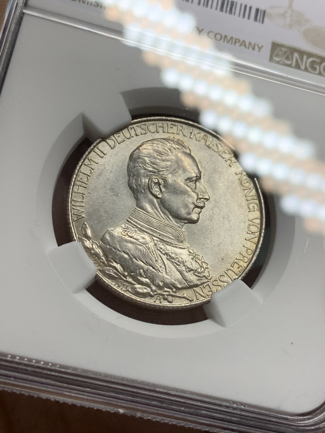 《竞宝斋》第118场-周日，周一 ，2场连拍（全场包邮） NGC-MS62 德国普鲁士1913年威廉二世在位25周年纪念2马克银币