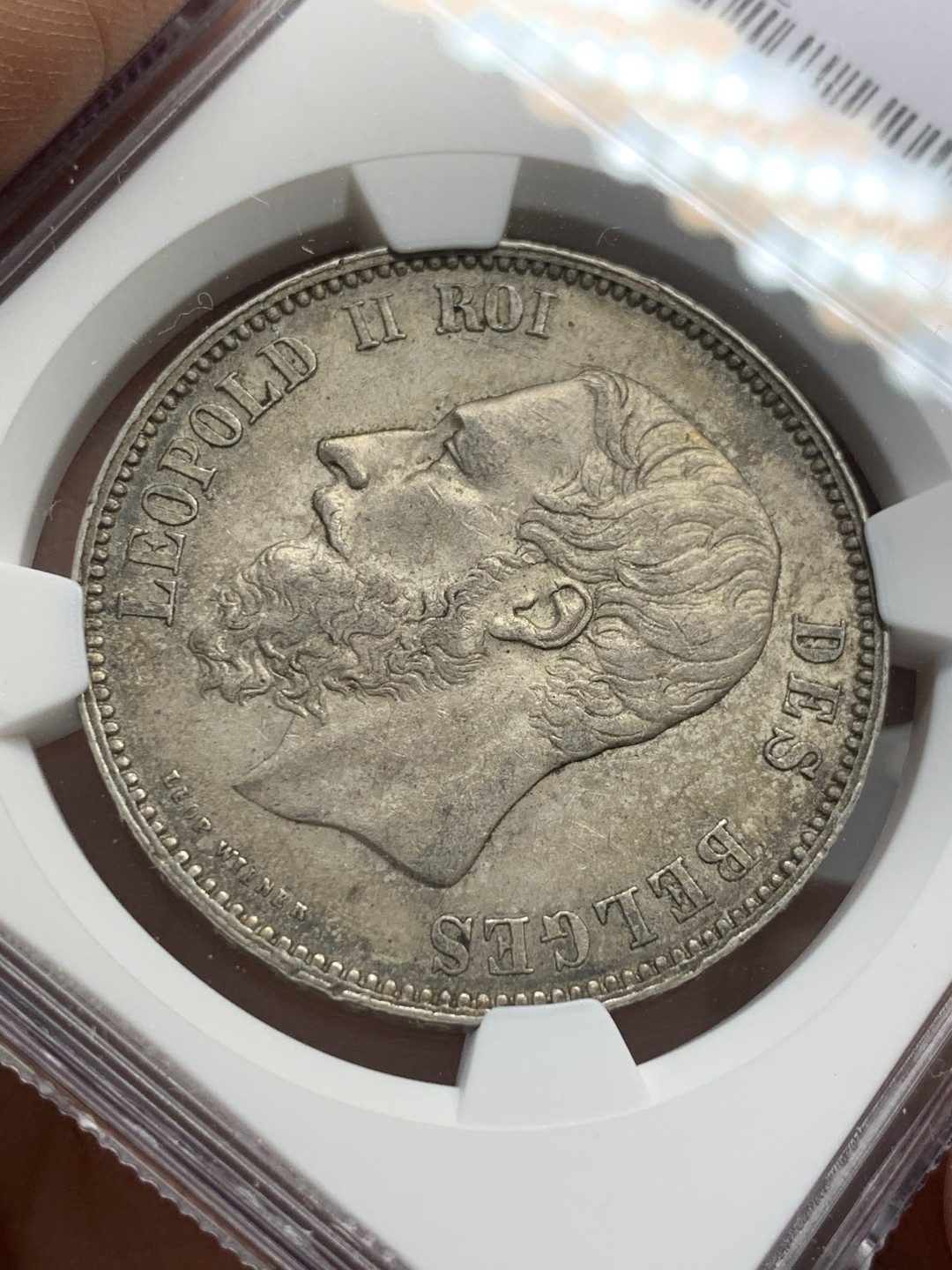 《竞宝斋》第118场-周日，周一 ，2场连拍（全场包邮） NGC AU58 比利时 1875年 5法郎 银币 原味包浆 细节好