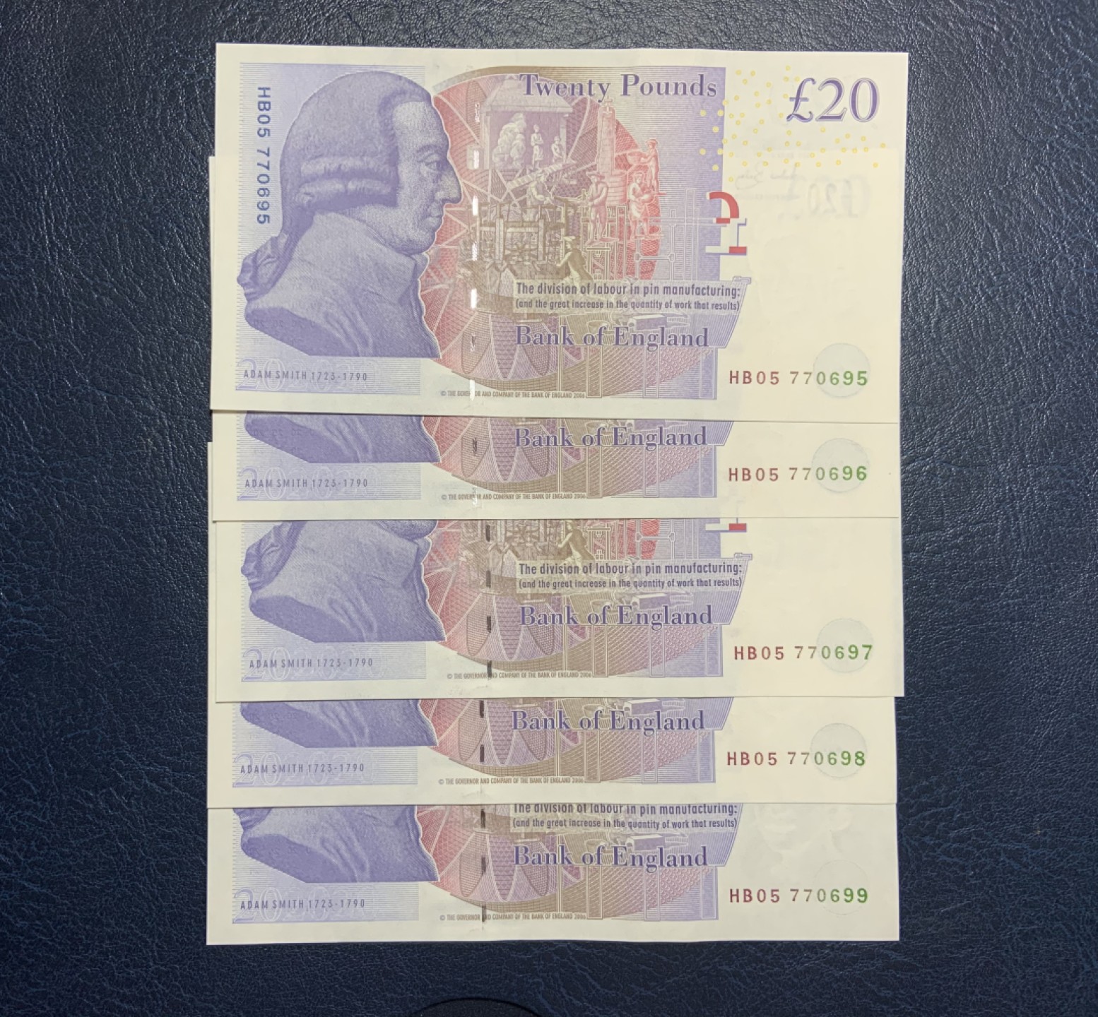 收藏联盟Quantum Auction 第211期拍卖  英国2010年20镑五连号 品相全新unc 经济学家亚当史密斯 尾号697一角微翘 