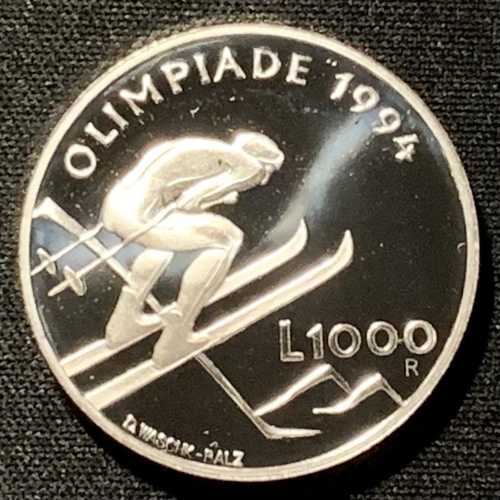 紫瑗钱币——第267期拍卖 圣马力诺 1994年 利勒哈默尔冬奥会 高台滑雪 1000里拉 14.6克 0.835银 精制