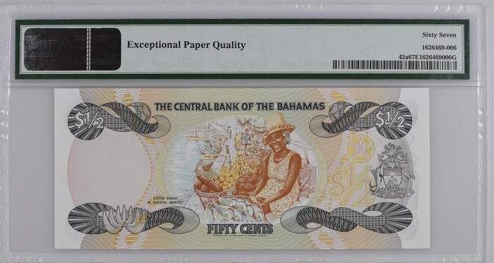 收藏联盟Quantum Auction 第211期拍卖  巴哈马1984年1/2元 PMG67 首发A冠