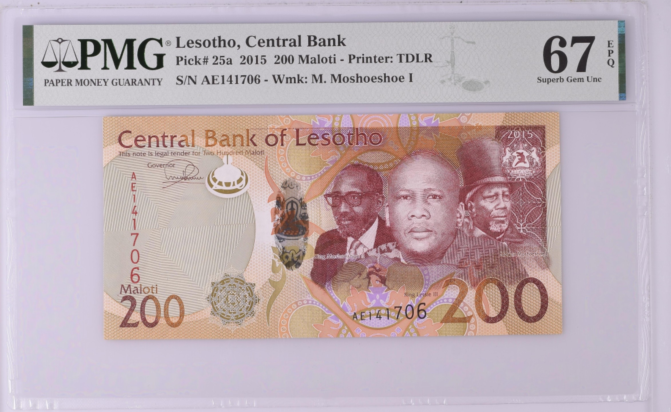 收藏联盟Quantum Auction 第211期拍卖  莱索托2015年200马洛蒂 PMG67 冠军分 最高面值 高山之国