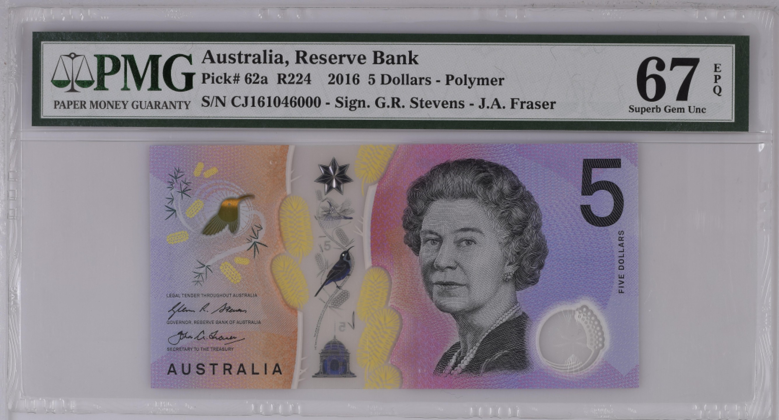 收藏联盟Quantum Auction 第211期拍卖  澳大利亚2016年5元豹子号 PMG67  壳子有点旧