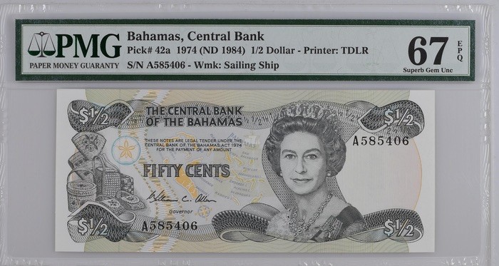 收藏联盟Quantum Auction 第211期拍卖  巴哈马1984年1/2元 PMG67 首发A冠