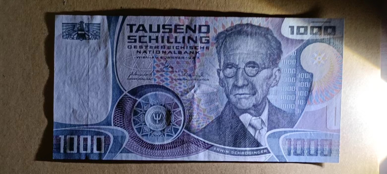 《外钞收藏家》第二百二十一期（连拍第二场） 奥地利1983年1000 先令	P-152	物理学家薛定谔 UNC-  中间有这个压痕请注意