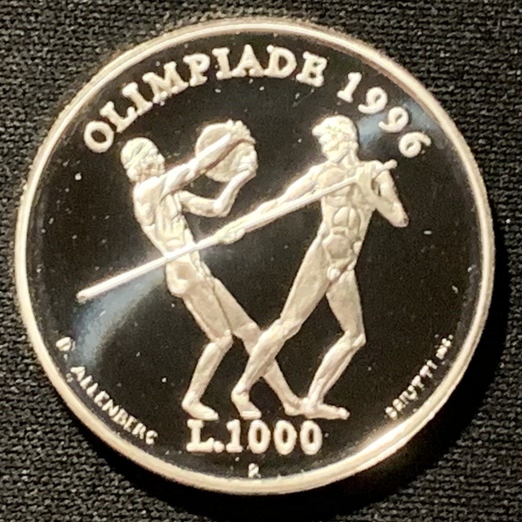 紫瑗钱币——第268期拍卖 圣马力诺 1995年 亚特兰大奥运会 铁饼与撑杆跳 1000里拉 14.6克 0.835银 精制