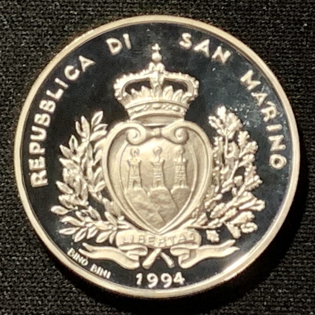 紫瑗钱币——第268期拍卖 圣马力诺 1994年 美国世界杯 铲球 1000里拉 14.6克 0.835银 精制