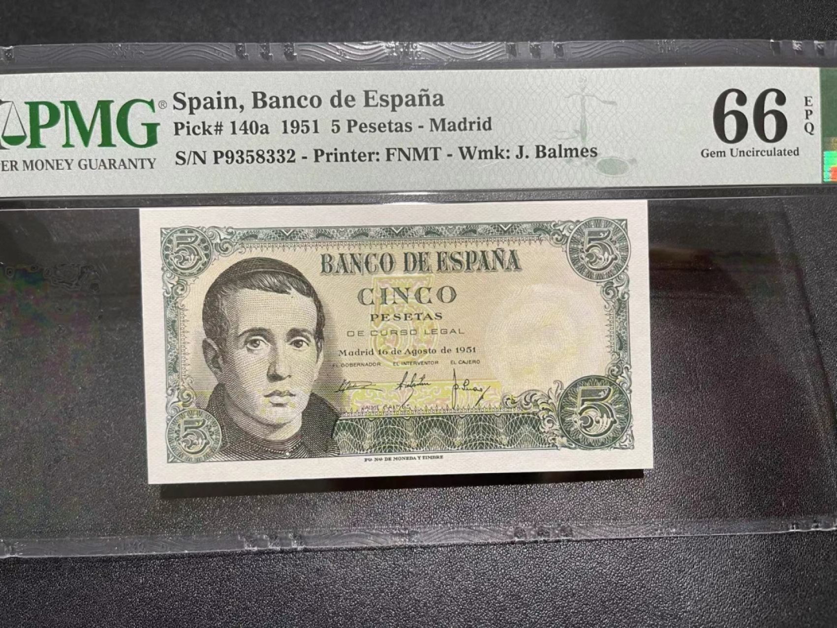 《外钞收藏家》第二百二十一期（连拍第二场） 1951年西班牙5比塞塔 PMG66 无47