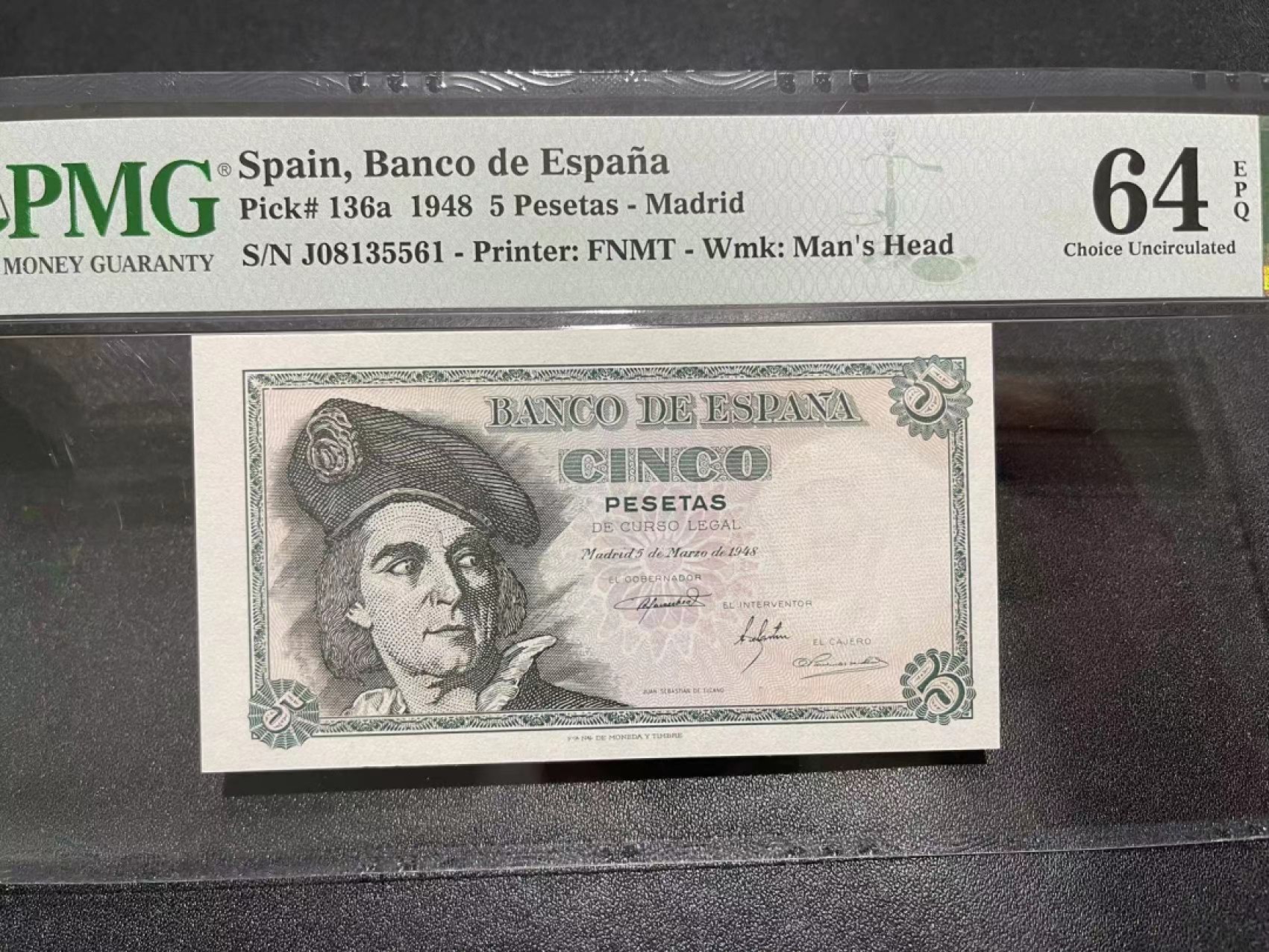 《外钞收藏家》第二百二十一期（连拍第二场） 1948年西班牙5比塞塔 PMG64E 无47